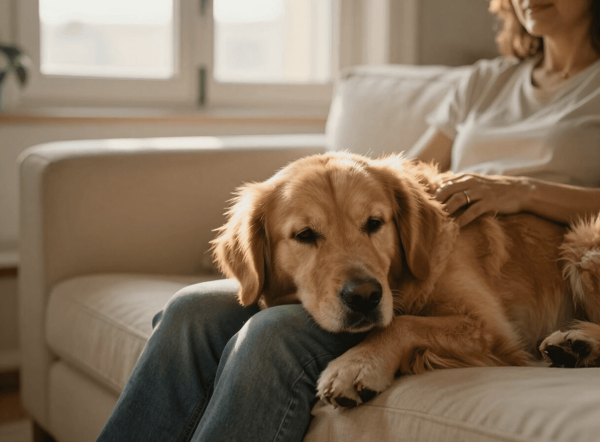 A golden retriever resting its head on its owner's lap in warm evening light