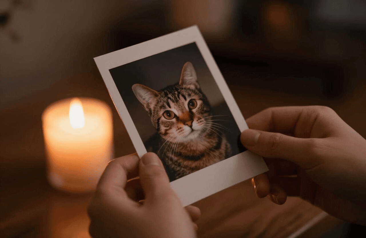 Hands holding a printed photograph of a cat in candlelight